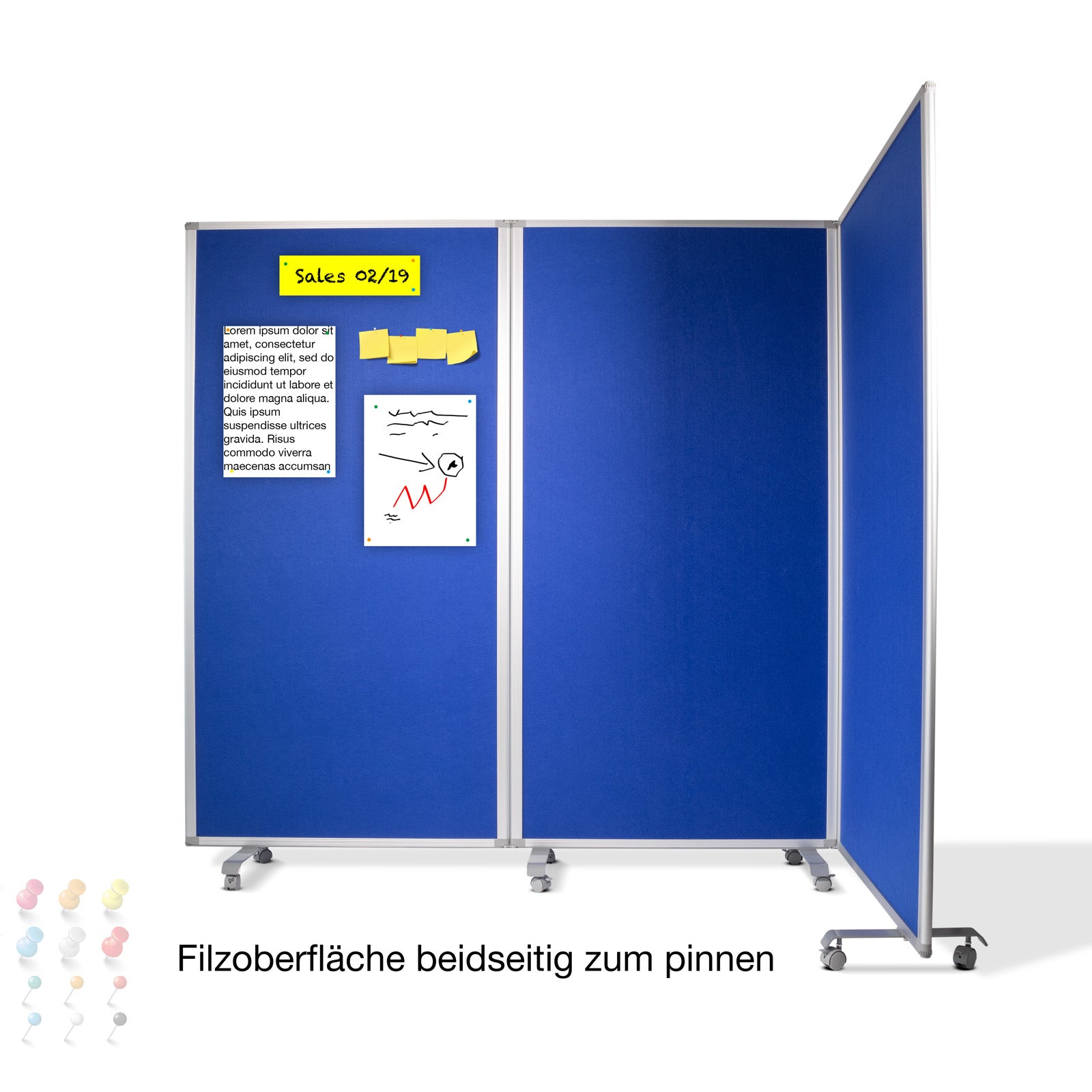 Filz-Stellwand Trennwand 3-teilig Mit Rollen 2 Farben & 2 Größen | Blau