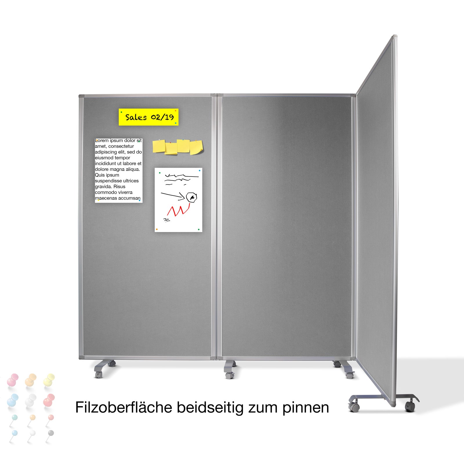 Filz-Stellwand Trennwand 3-teilig Mit Rollen 2 Farben & 2 Größen | Grau