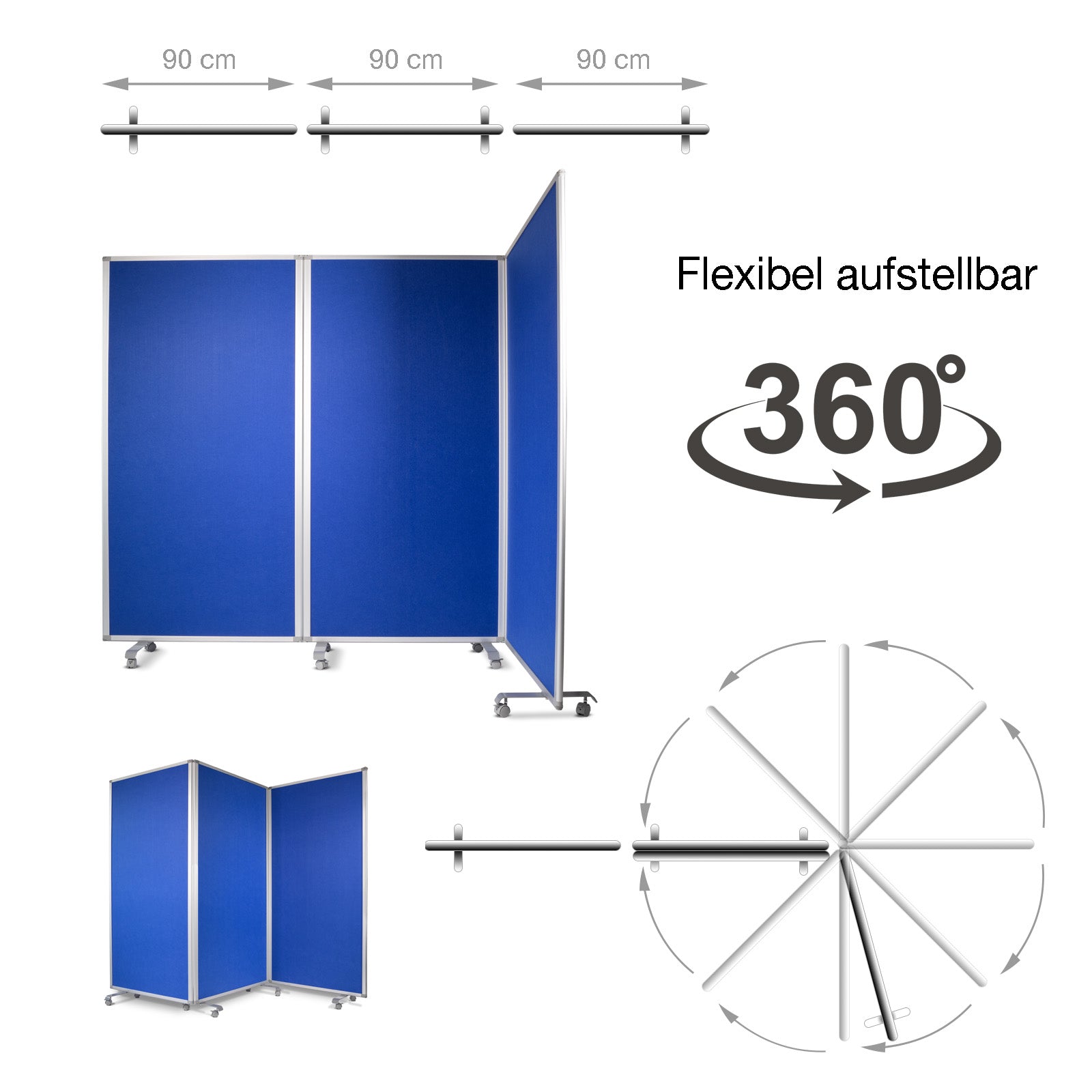 Filz-Stellwand Trennwand 3-teilig Mit Rollen 2 Farben & 2 Größen | Blau