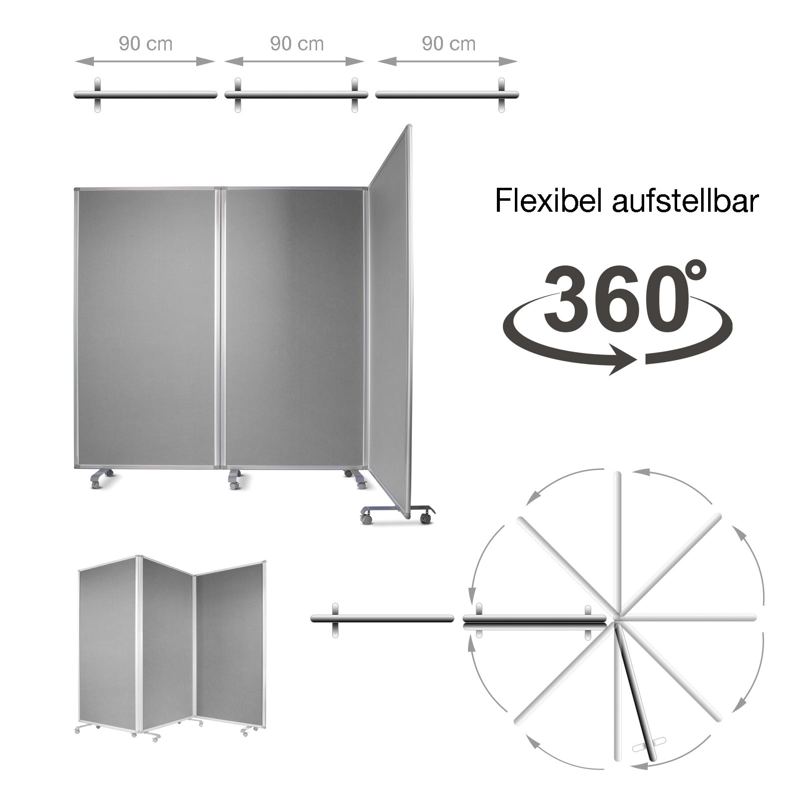Filz-Stellwand Trennwand 3-teilig Mit Rollen 2 Farben & 2 Größen | Grau