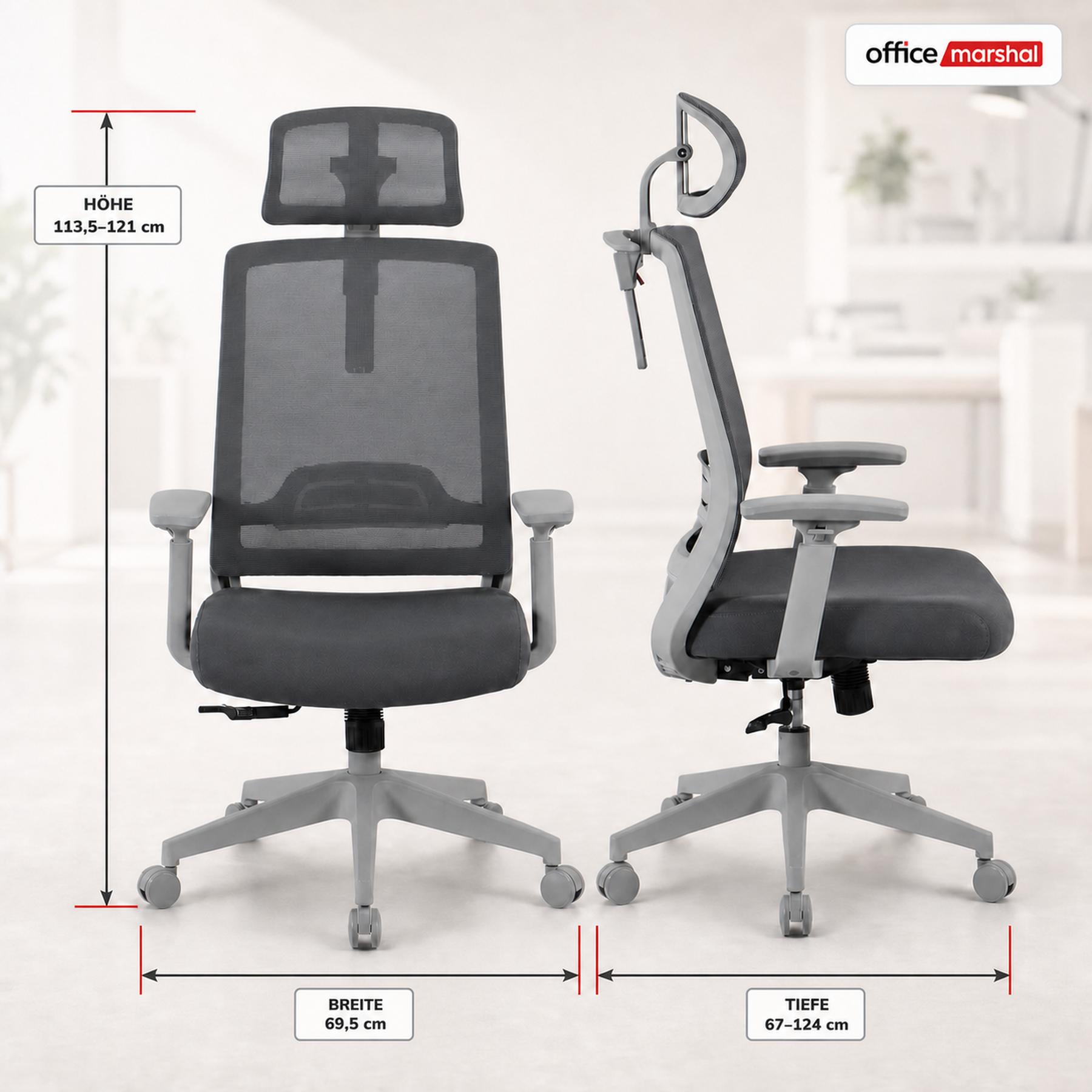 Bürostuhl | Victor | Ergonomischer Mesh-Schreibtischstuhl mit Kopfstütze, Lordosenstütze & 3D-Armlehnen | 2 Farben