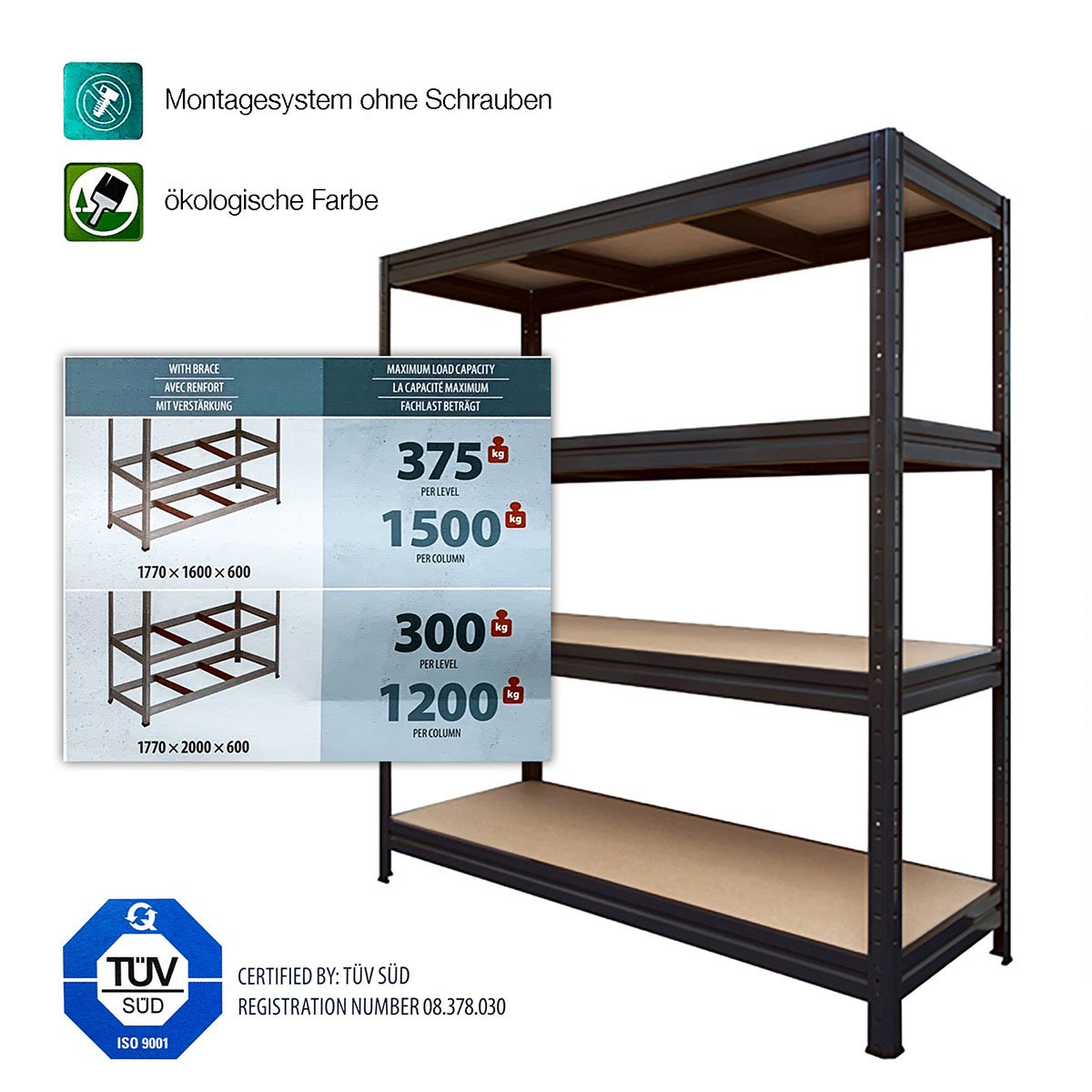 Weitspannregal | Schwerlastregal | Schwarz | Traglast bis 1500 kg