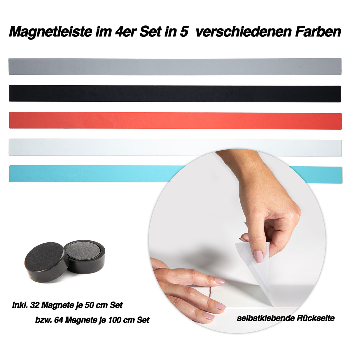 4er-Set Magnetleisten | 2 Längen | 5 Farben